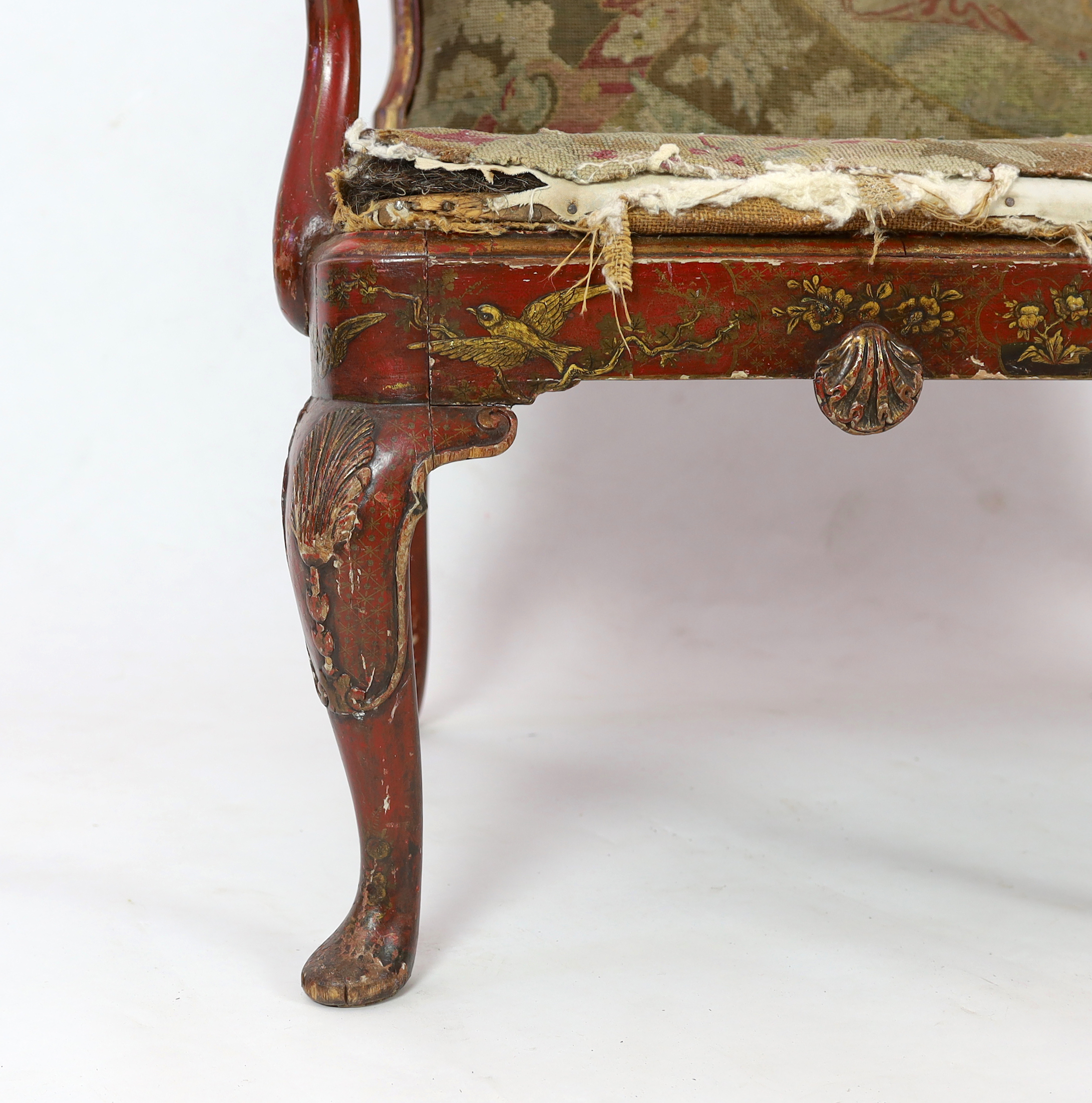 A Queen Anne revival red lacquer settee